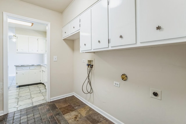 laundry area with electric dryer hookup, ceiling fan, cabinets, and washer hookup