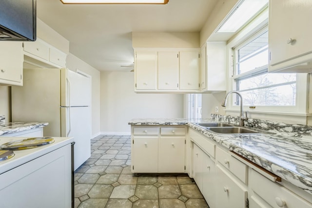 kitchen featuring white cabinets, kitchen peninsula, white range with electric stovetop, and sink