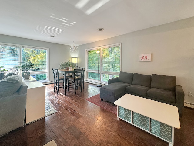 living room featuring dark hardwood / wood-style flooring, an inviting chandelier, plenty of natural light, and a baseboard heating unit