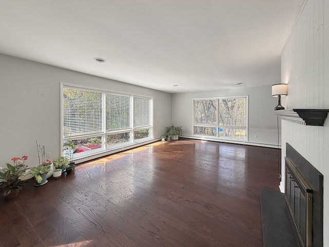 unfurnished living room with dark hardwood / wood-style floors