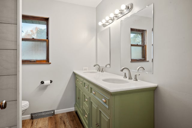 bathroom with vanity, wood-type flooring, and toilet