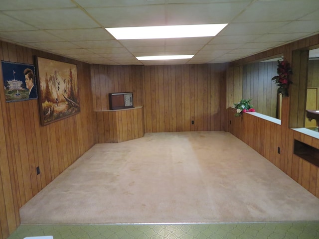 basement featuring wooden walls and carpet floors