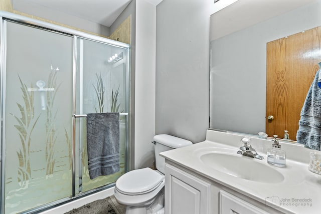 bathroom with vanity, toilet, and a shower with shower door