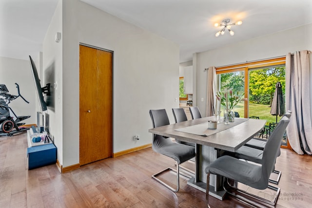 dining space featuring a notable chandelier and light hardwood / wood-style flooring