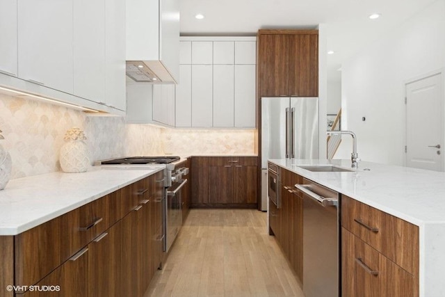 kitchen with high quality appliances, sink, white cabinets, decorative backsplash, and a center island with sink