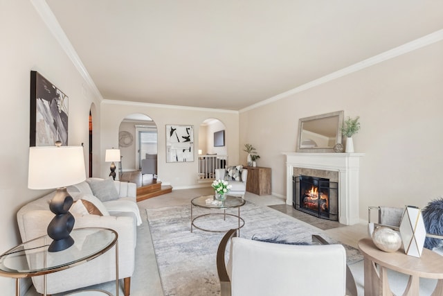 living room featuring crown molding