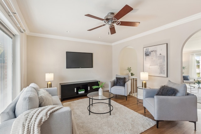 living room featuring ceiling fan, ornamental molding, and hardwood / wood-style floors