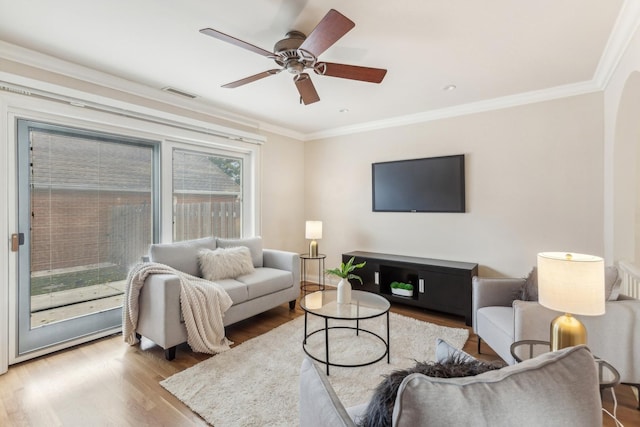 27 N Tower Rd Unit 27, Oak Brook, IL 60523 - living room featuring ornamental molding, wood finished floors, and ceiling fan