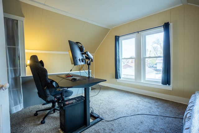 office space featuring carpet floors and vaulted ceiling