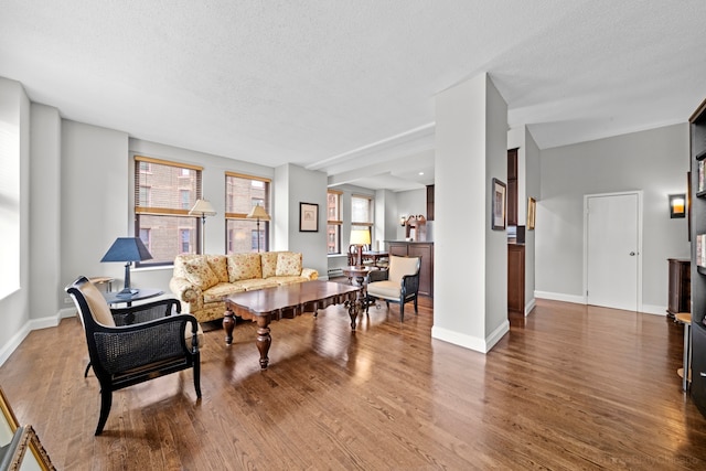 living room with hardwood / wood-style flooring and a textured ceiling