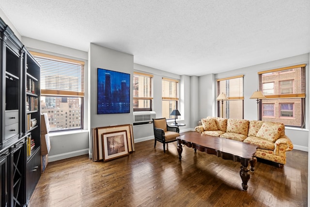 living room with a textured ceiling and dark hardwood / wood-style flooring