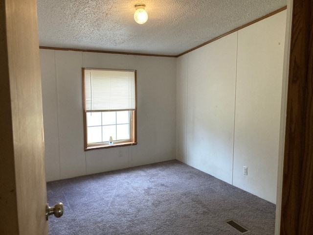 carpeted empty room with a textured ceiling and ornamental molding