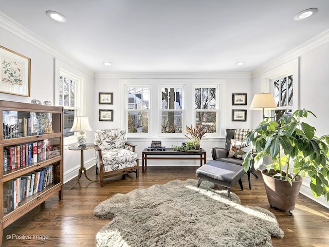 living area featuring dark hardwood / wood-style flooring and crown molding