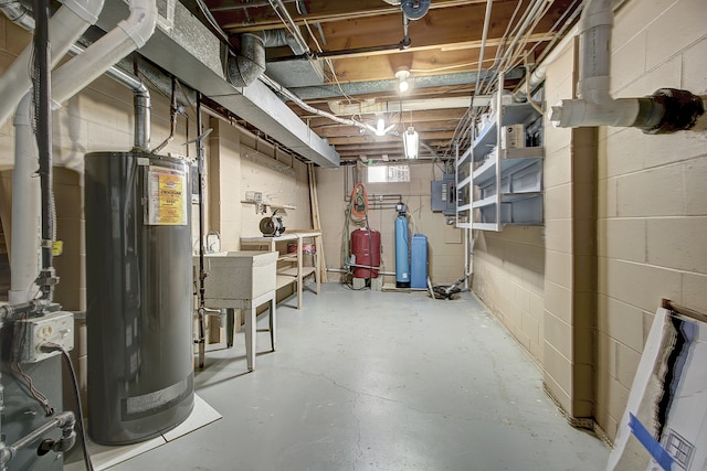 basement with electric panel and gas water heater