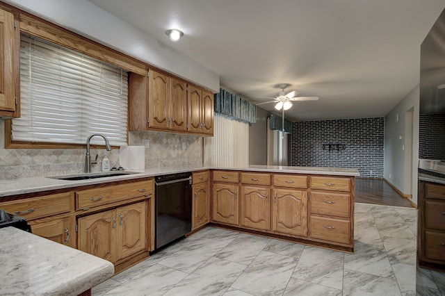 kitchen featuring kitchen peninsula, decorative backsplash, ceiling fan, dishwasher, and sink