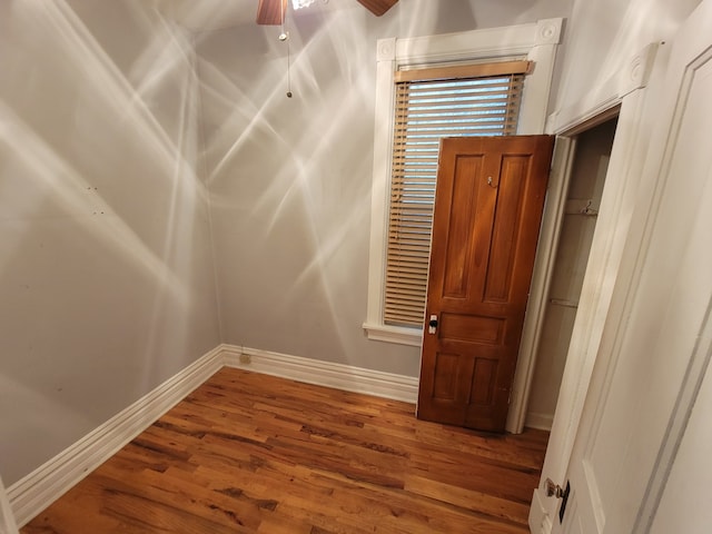 interior space featuring ceiling fan and hardwood / wood-style flooring