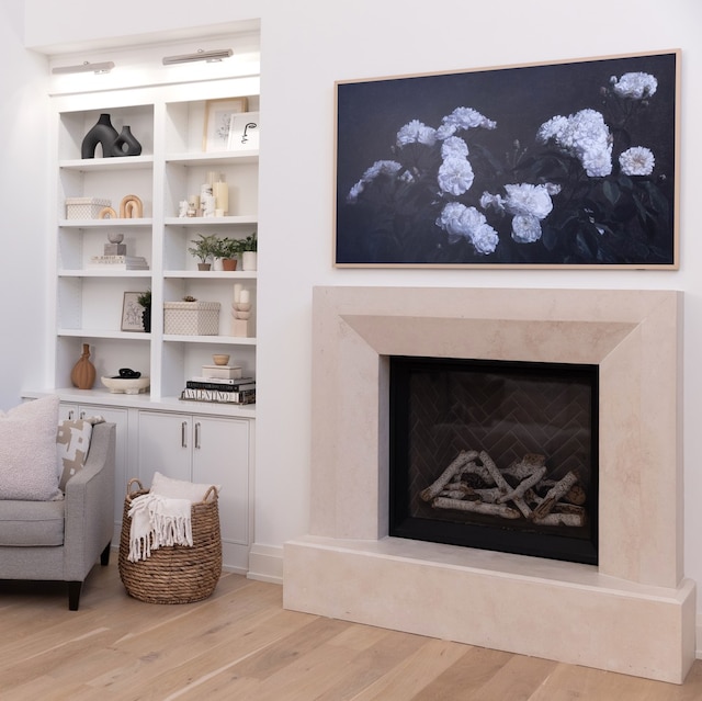 living area featuring a fireplace and light hardwood / wood-style floors