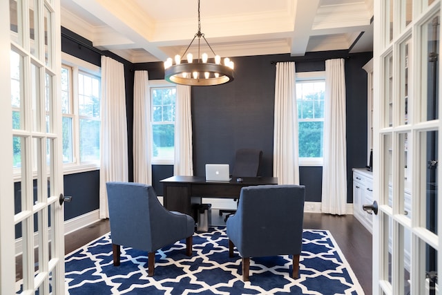 dining room featuring an inviting chandelier, french doors, dark hardwood / wood-style floors, and coffered ceiling