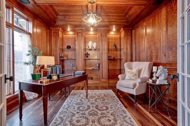 office area with wood ceiling, wooden walls, and dark hardwood / wood-style floors