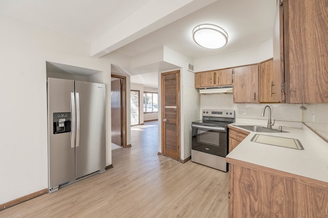 kitchen with backsplash, sink, stainless steel appliances, and light hardwood / wood-style floors