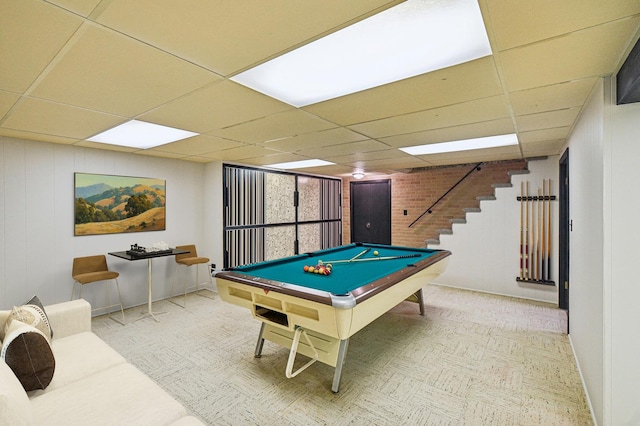 rec room featuring a paneled ceiling and pool table