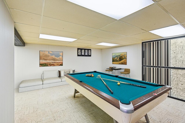 game room with a drop ceiling and pool table