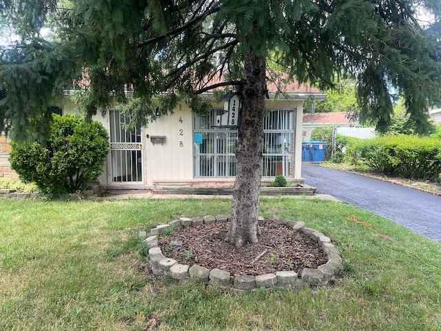 view of property hidden behind natural elements with a front yard