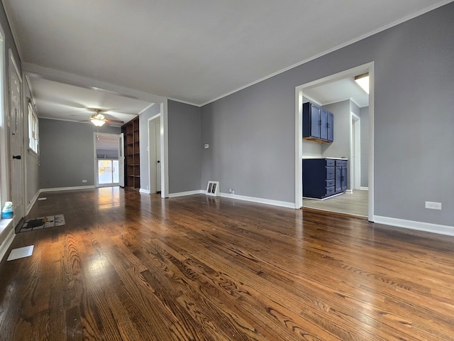 unfurnished living room with ornamental molding, wood-type flooring, and ceiling fan