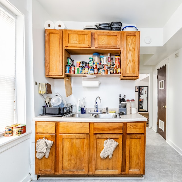 bar featuring sink and light colored carpet