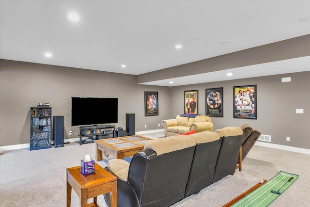 living room featuring light colored carpet