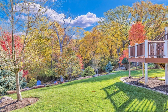 view of yard with a wooden deck