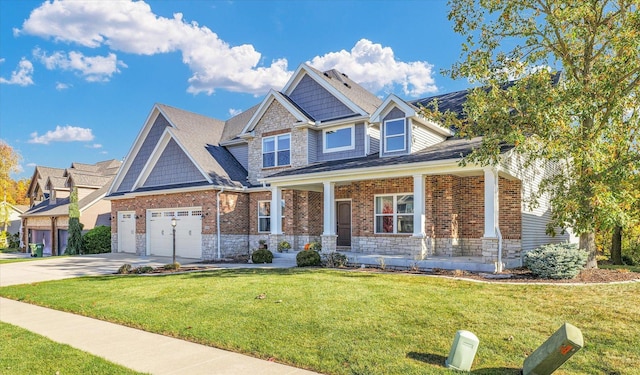 craftsman-style house featuring a front lawn, a porch, and a garage