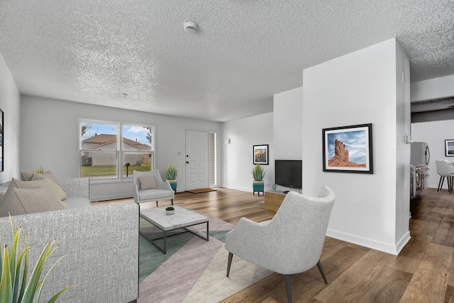 living room featuring a textured ceiling and wood-type flooring