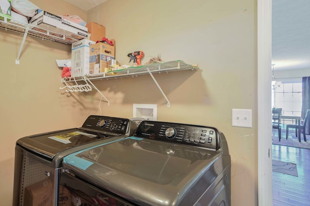 laundry area featuring separate washer and dryer and wood-type flooring