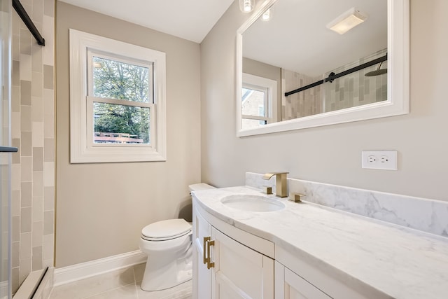 bathroom featuring vanity, toilet, tile patterned floors, and a shower with shower curtain