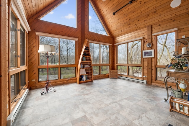 sunroom / solarium featuring a wealth of natural light, vaulted ceiling with skylight, and a baseboard heating unit