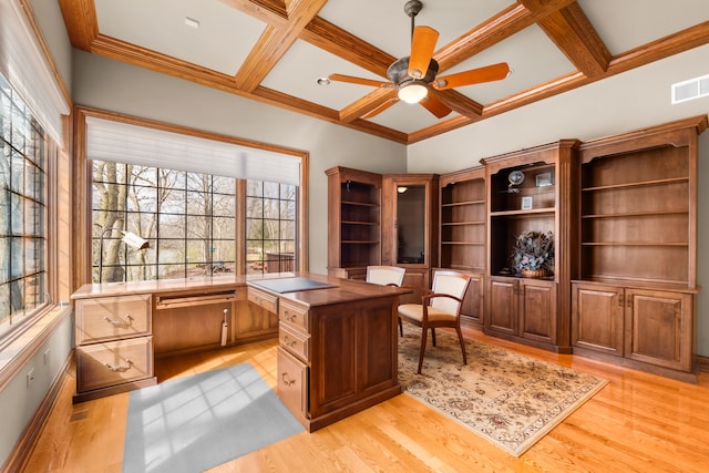 office area with built in desk, ceiling fan, light hardwood / wood-style flooring, beamed ceiling, and coffered ceiling