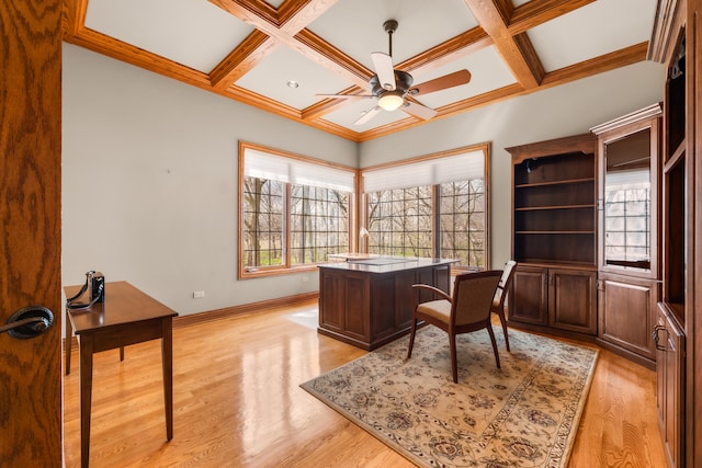 home office with light hardwood / wood-style floors, beam ceiling, and coffered ceiling