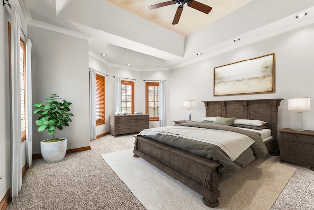 carpeted bedroom featuring ceiling fan and crown molding