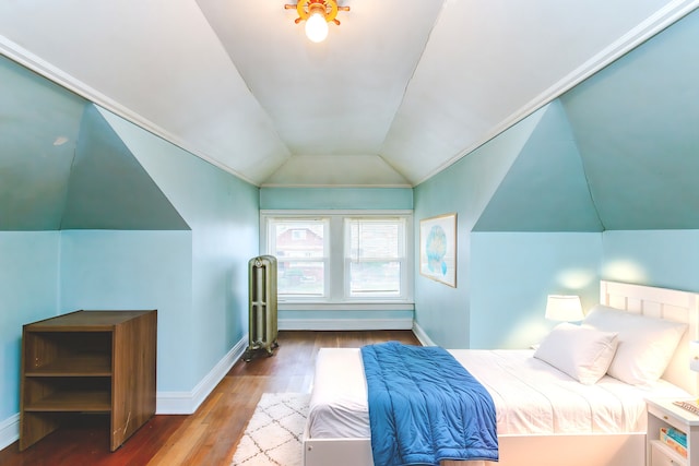 bedroom with hardwood / wood-style flooring and vaulted ceiling