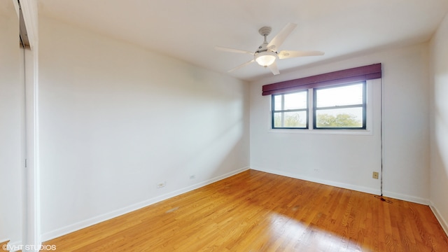 empty room featuring ceiling fan and light hardwood / wood-style flooring