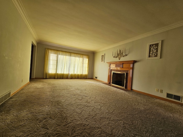 unfurnished living room with carpet, ornamental molding, and a fireplace