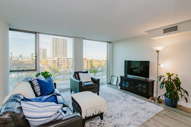 living room with a wall of windows, a wealth of natural light, and light hardwood / wood-style flooring