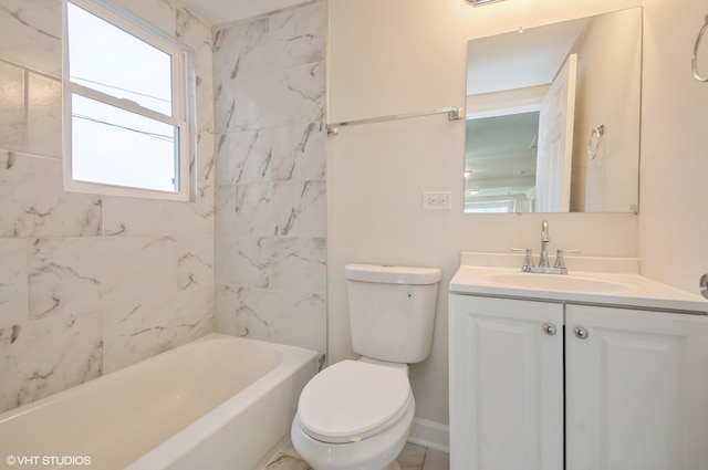 full bathroom featuring toilet, tiled shower / bath combo, and vanity