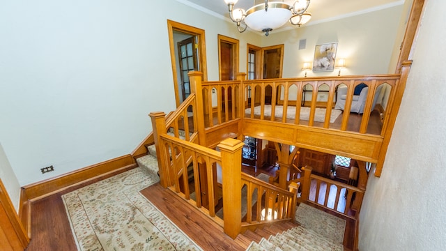 staircase featuring ornamental molding, wood-type flooring, and an inviting chandelier