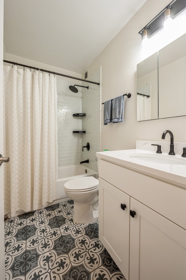 full bathroom with vanity, tile patterned floors, toilet, and shower / bathtub combination with curtain