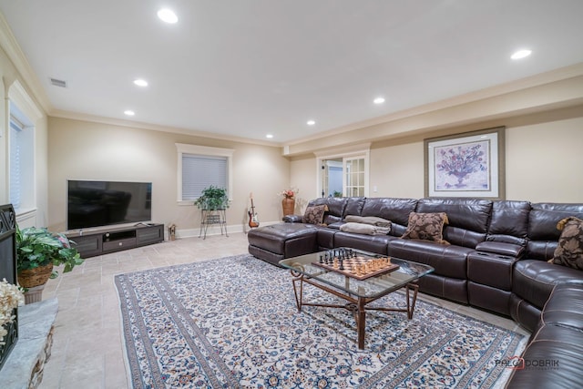 living room with crown molding