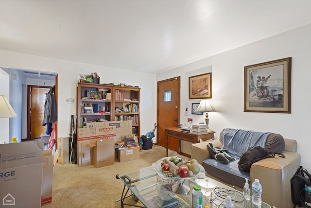 interior space featuring light colored carpet