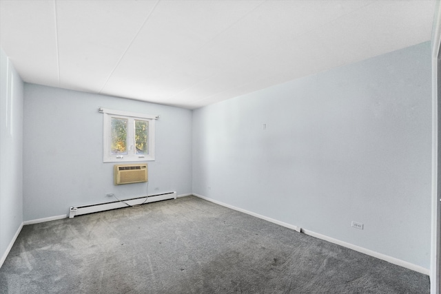 carpeted empty room with baseboard heating and an AC wall unit