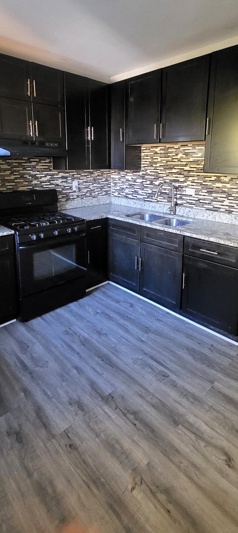 kitchen with sink, wood-type flooring, black gas range oven, and tasteful backsplash